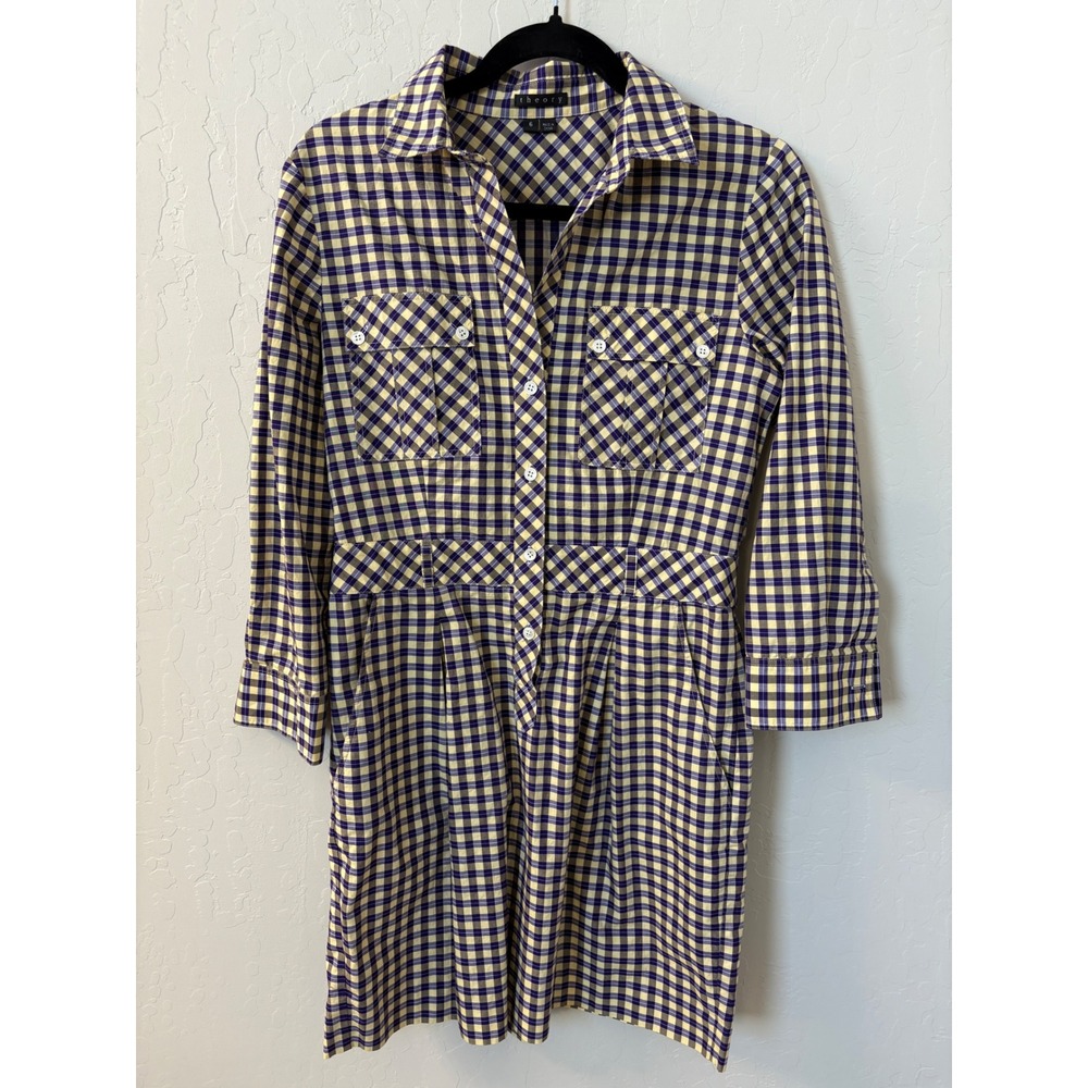 Theory Lidiya Shirt Dress Gingham Plaid‎ Button Down Long Sleeve Purple Yellow 6